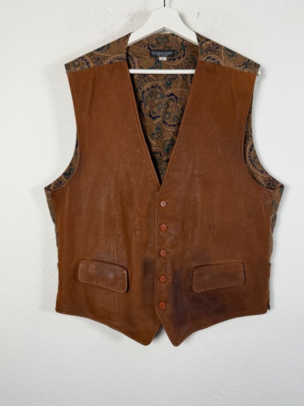 J. Peterman Mens Large Brown Leather Suit Vest Paisley Back Western Waistcoat
